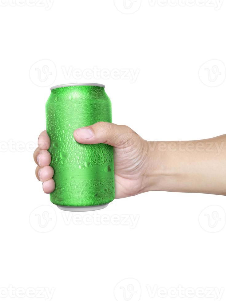 Man holding aluminum can with water droplets isolated on white background photo