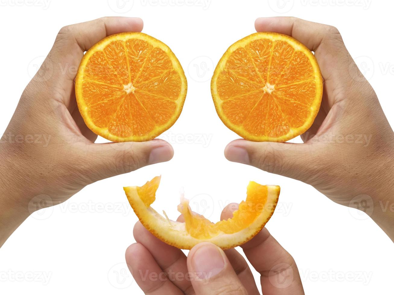 hand holding slice of orange isolated on white background photo