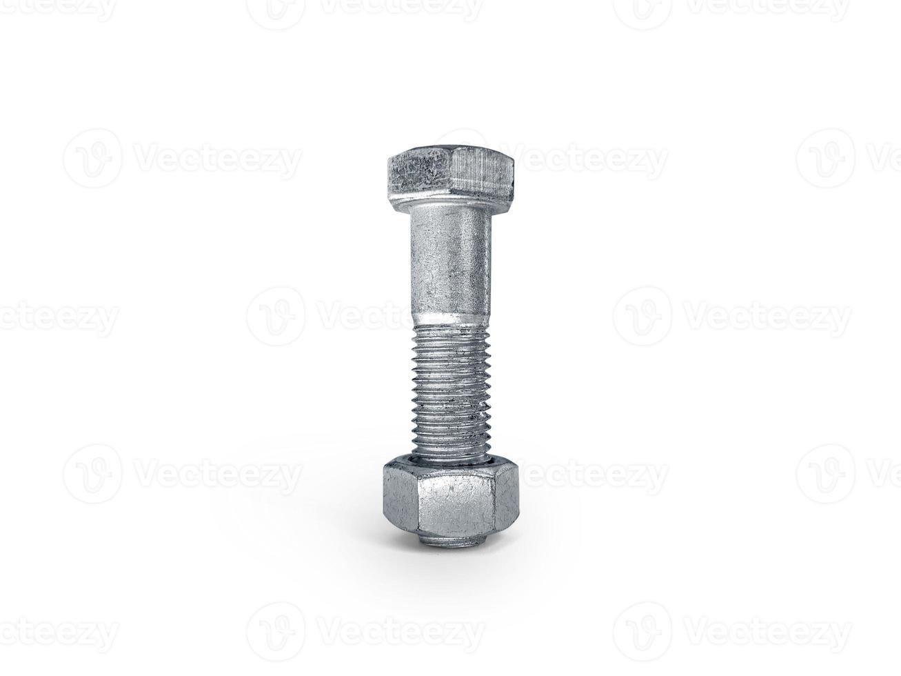 Nut and screw on hand on white background photo