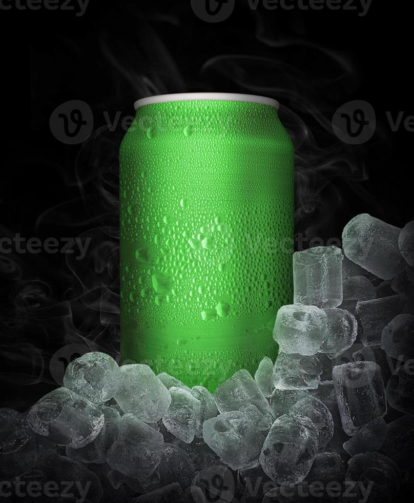 Can of cold beverage, ice cubea of juicy. Summer refreshing drink photo