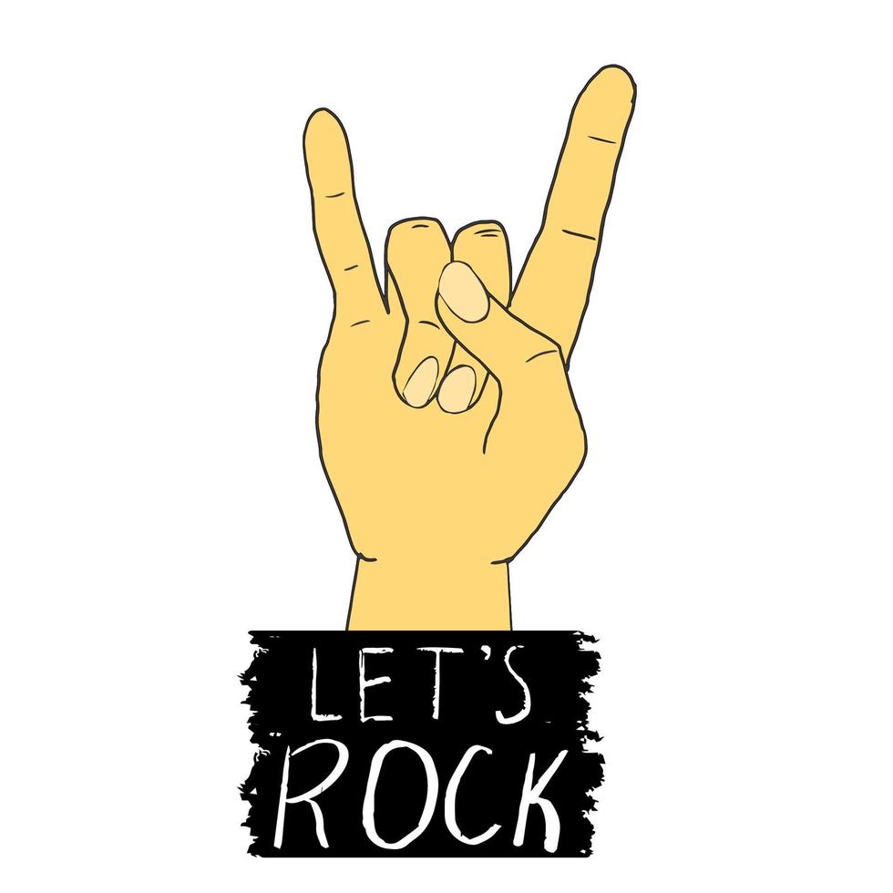 mano con gesto, texto rock y estrellas doodle emblema, símbolo aislado sobre fondo blanco. impresión grunge. . ilustración vectorial vector