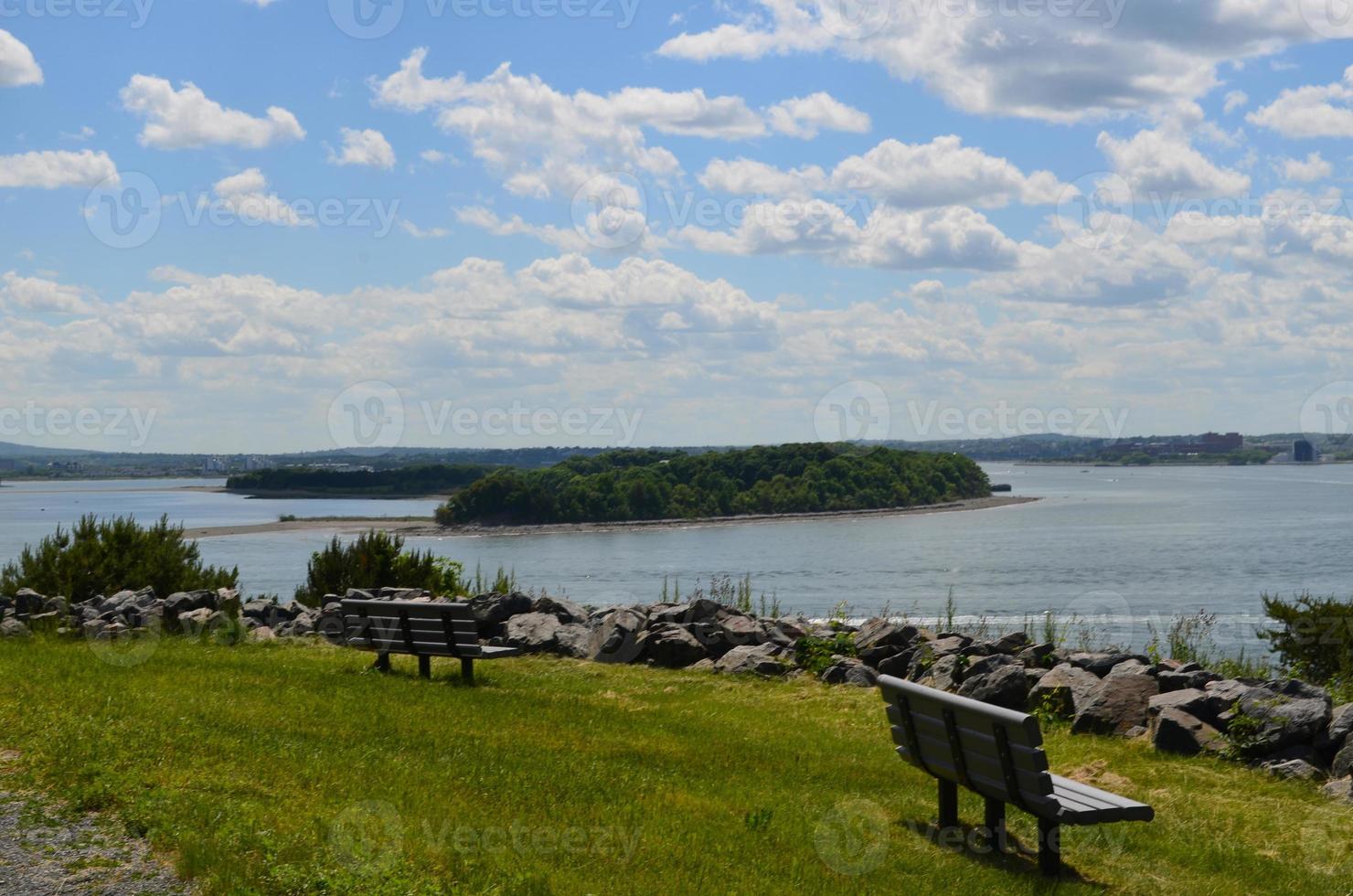 Park Benches on Spectacle Island in Boston Harbor photo