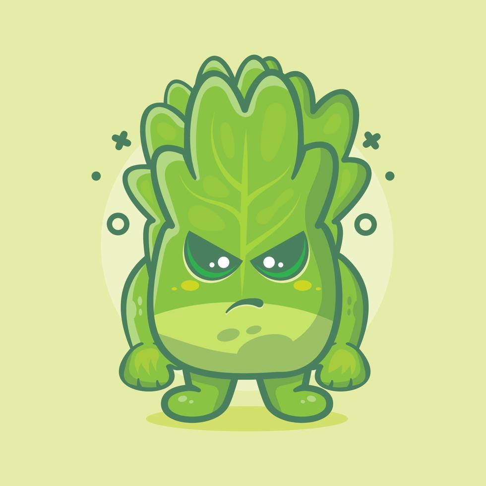 mascota de carácter vegetal de lechuga seria con expresión enojada dibujos animados aislados en diseño de estilo plano vector