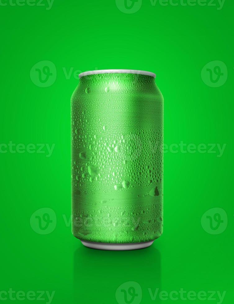 Green aluminum cans with water droplets on a green Background photo