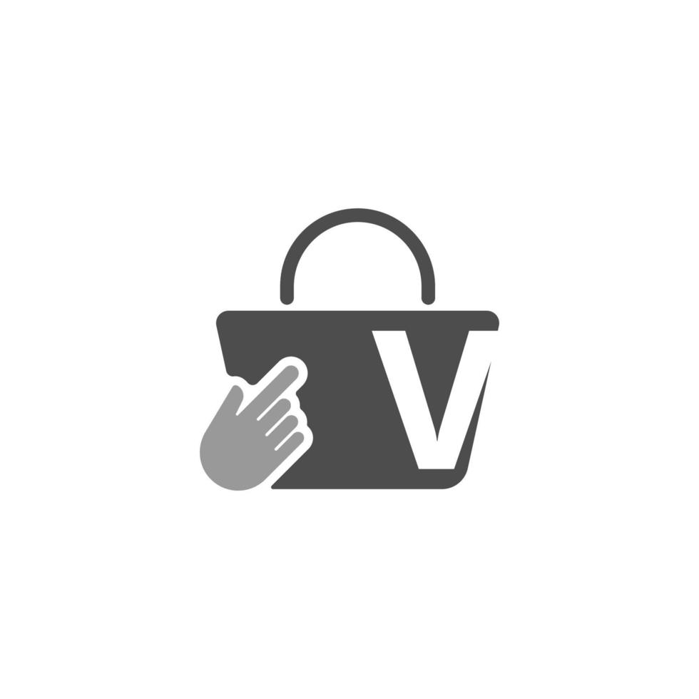 bolsa de compras en línea, cursor haga clic en el icono de la mano con la letra v vector