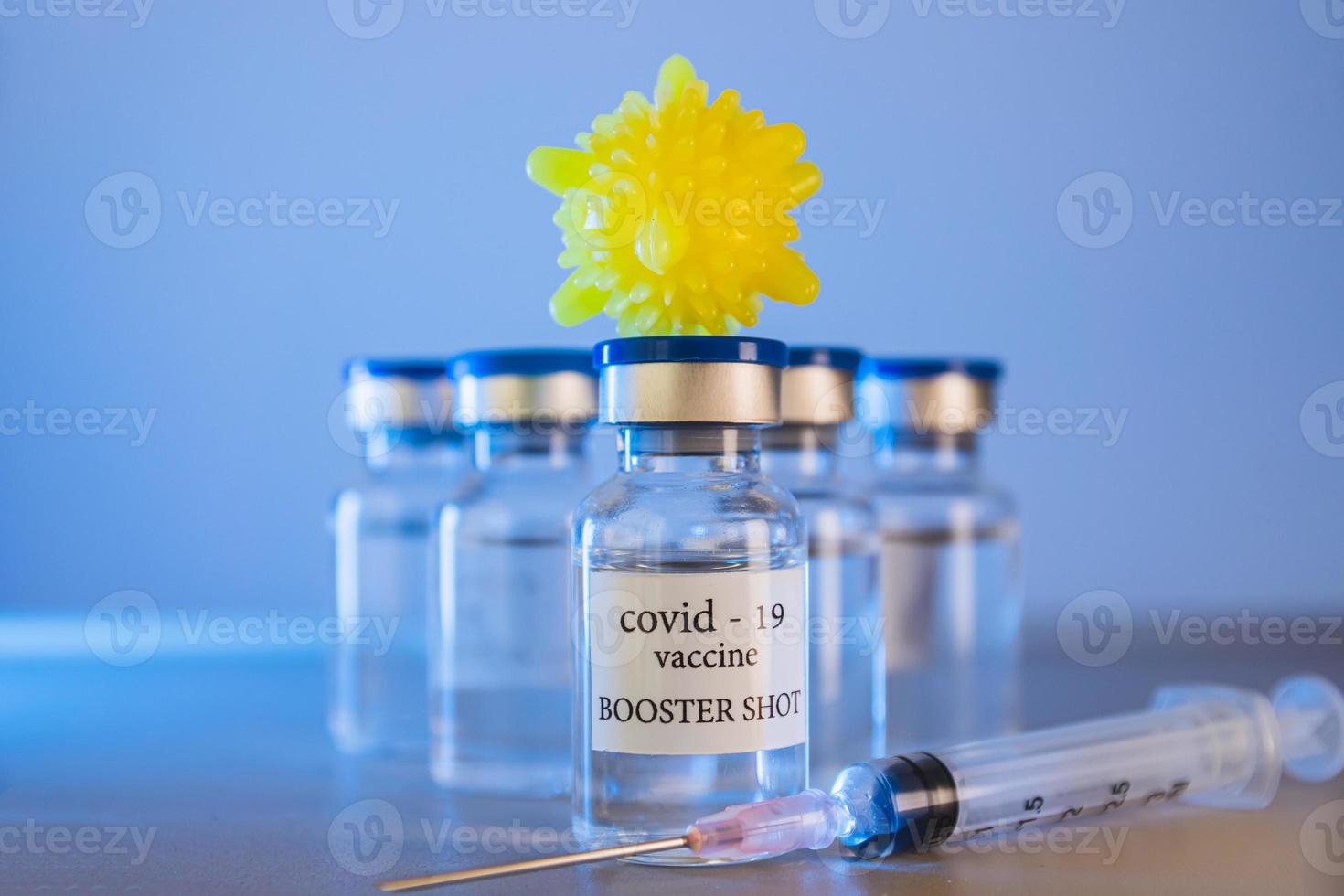 COVID-19 booster vaccine vials. Medicine and health care concept photo