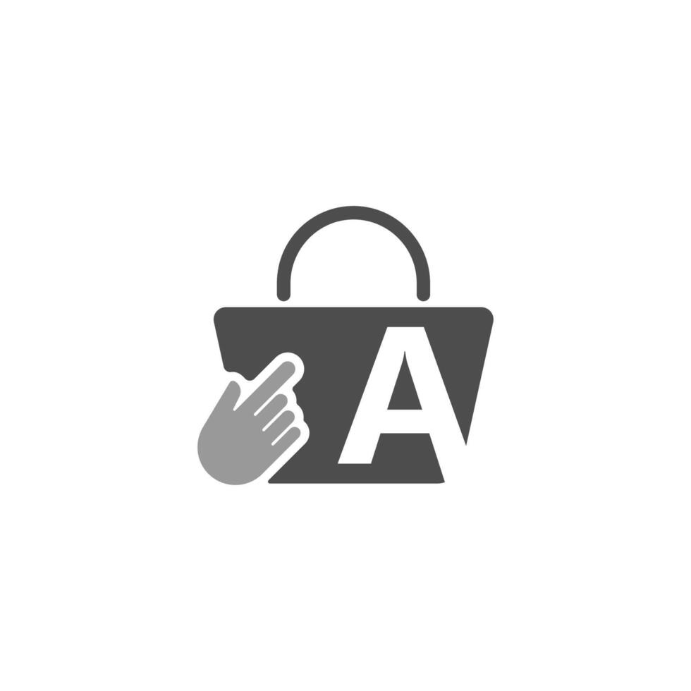 Online shopping bag, cursor click hand icon with letter A vector