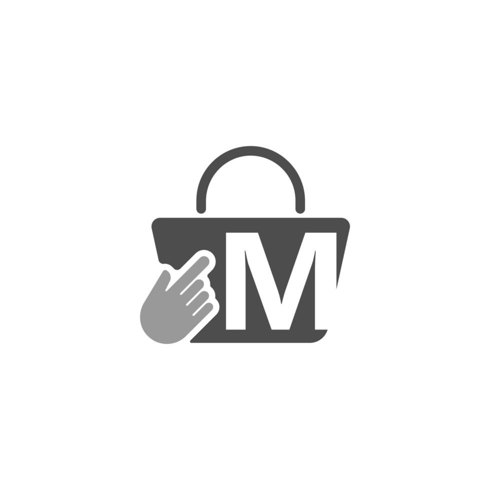 bolsa de compras en línea, cursor haga clic en el icono de la mano con la letra m vector