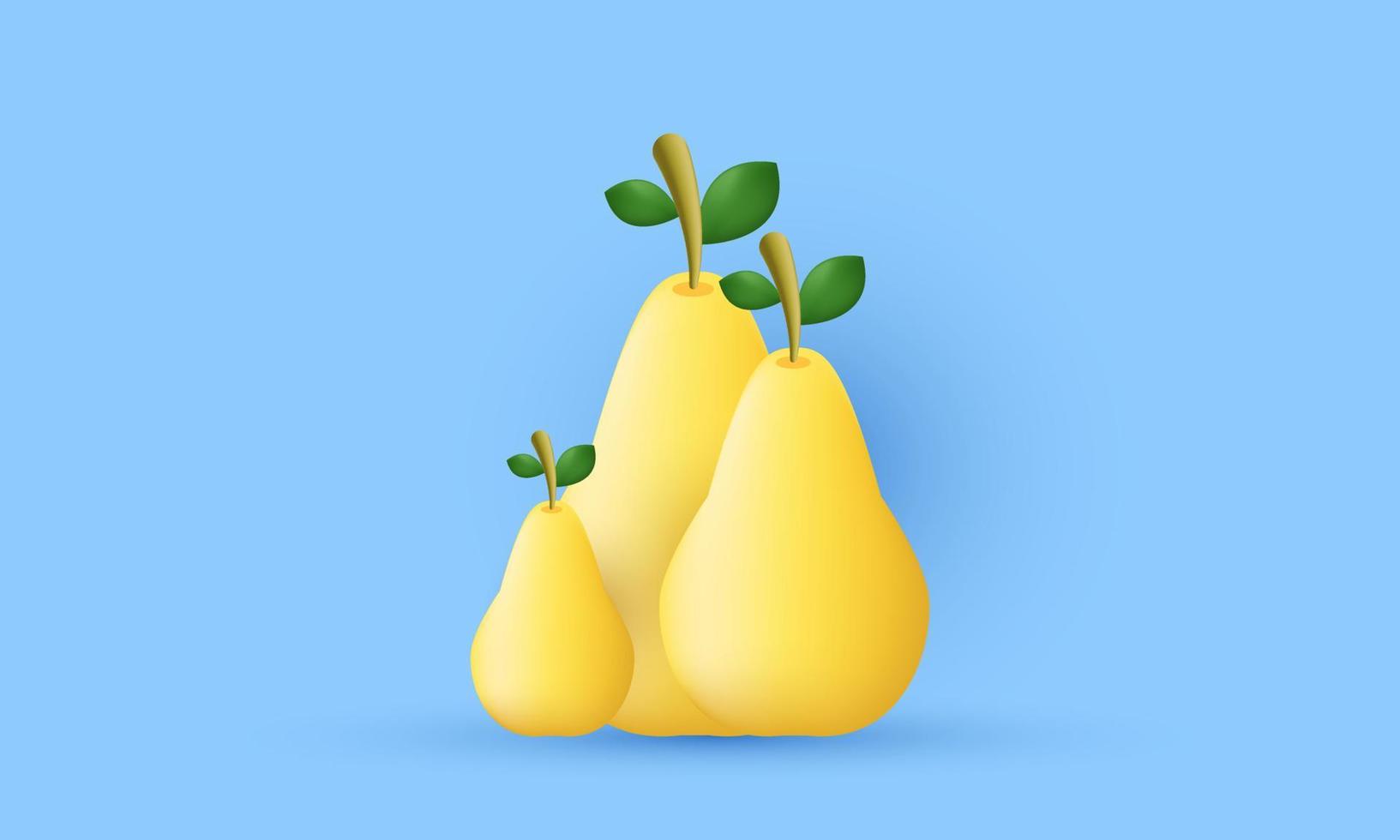 único 3d tres peras render frutas verduras icono de diseño aislado en vector