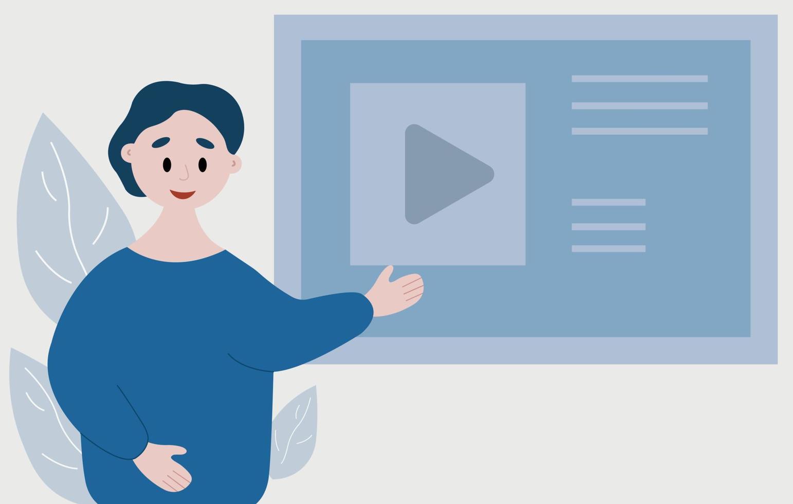 Man is doing online webinar showing on big screen. Online influencer lesson illustration. vector