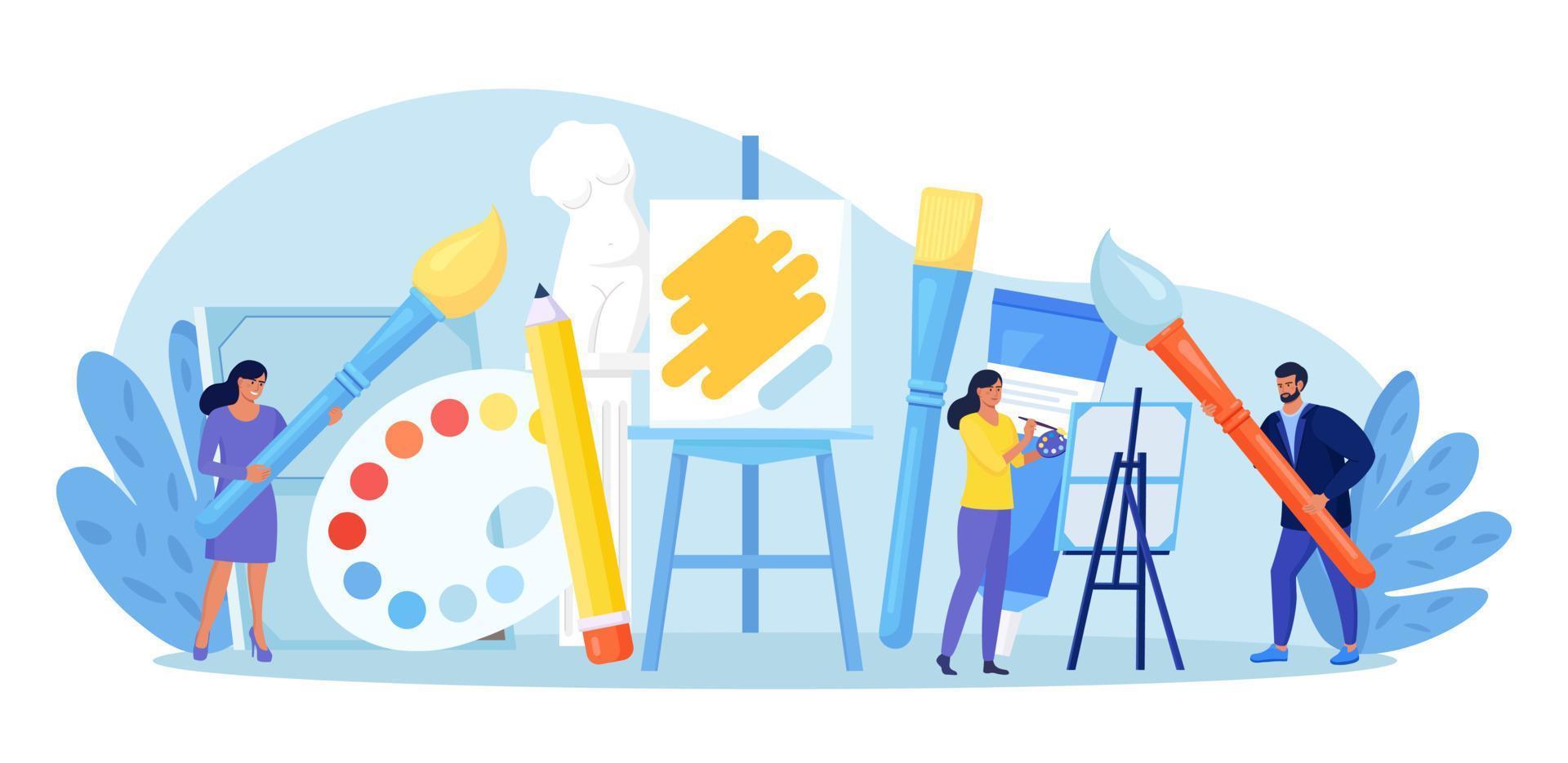 Artists painting with palette and brushes at easel. Art studio, open art classes, modern arts gallery. Watercolor or oil painting, creative hobby, workshop. People creating traditional artworks vector