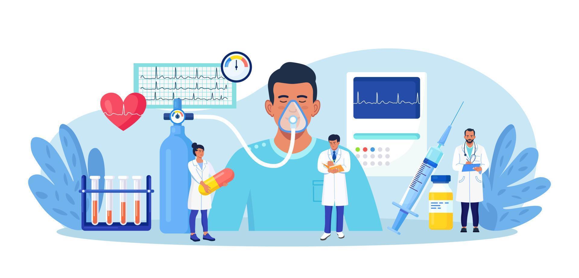 anestesia. médico anestesiólogo que realiza anestesia por inhalación y epidural. paciente con máscara de oxígeno anestésico durmiendo en la unidad de cuidados intensivos. emergencia, primeros auxilios. preparando al hombre para la cirugía vector