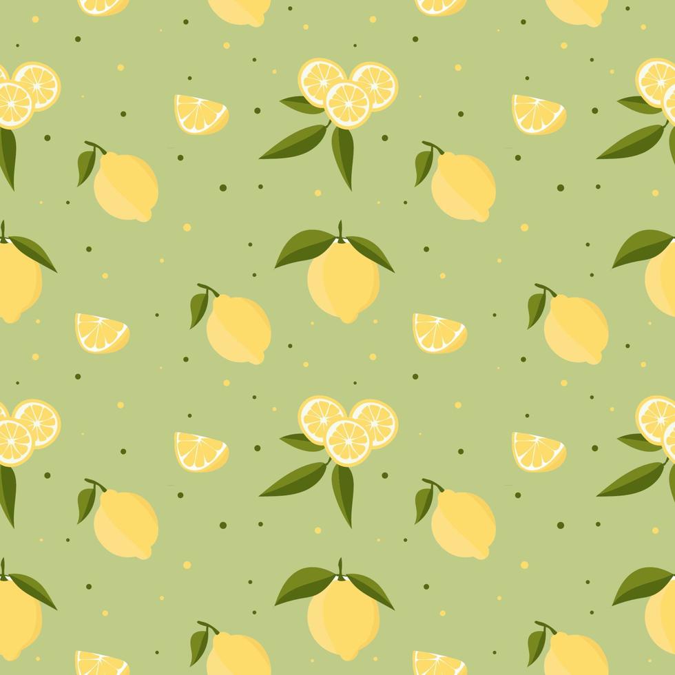 Vector seamless pattern with lemons and leaves. On a green background