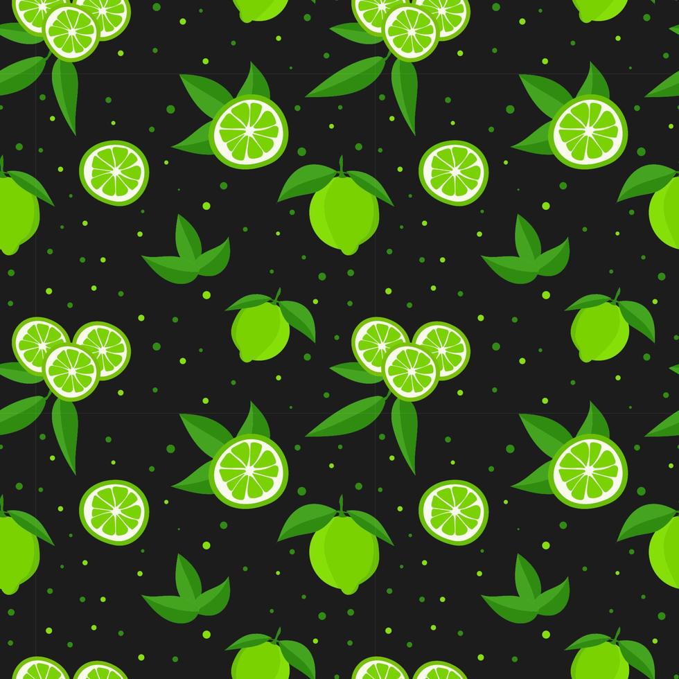 Lime with green leaves, citrus slice on black background. Seamless pattern tropical pattern vector