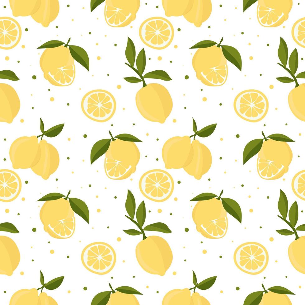 Vector seamless pattern with lemons and leaves. On a white background