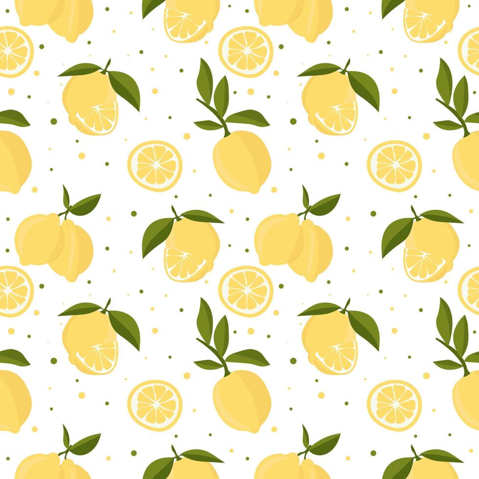 Vector seamless pattern with lemons and leaves. On a white background