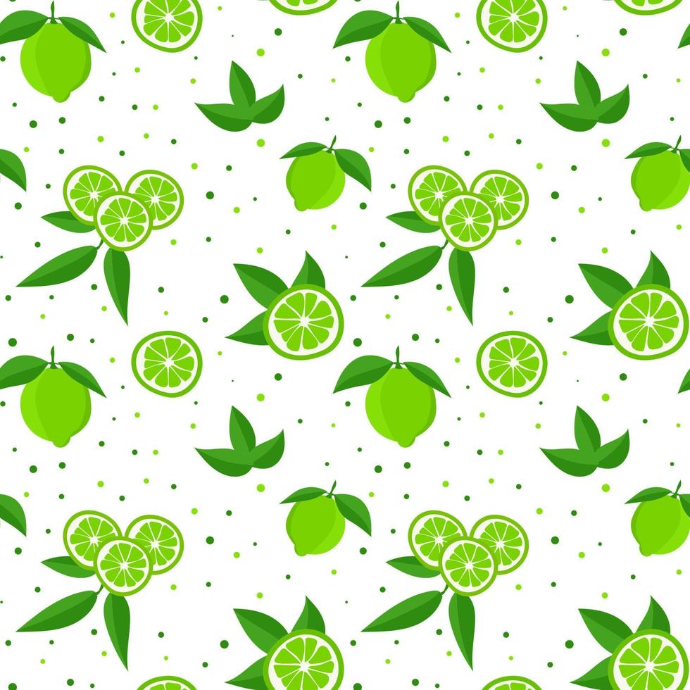 Lime with green leaves, citrus slice on white background. Seamless pattern.tropical pattern vector