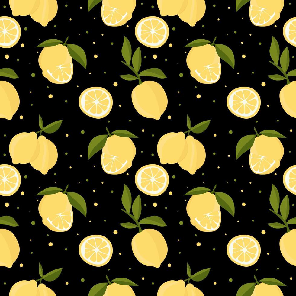 Vector seamless pattern with lemons and leaves. On a black background