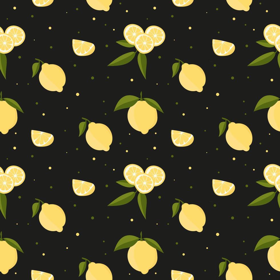 Vector seamless pattern with lemons and leaves. On a black background