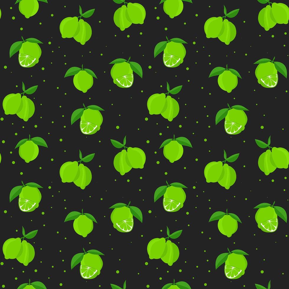 Lime with green leaves, citrus slice on black background. Seamless pattern tropical pattern vector