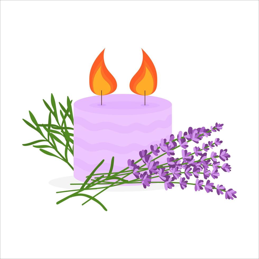 Candles with lavender sprigs. Vector illustration isolated on white background