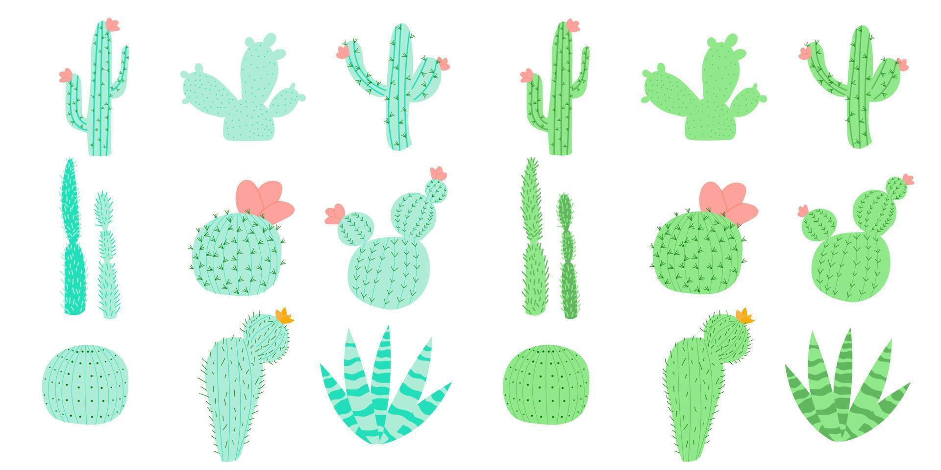 Set of vector illustrations with flat cacti two color options. Cacti with flowers.