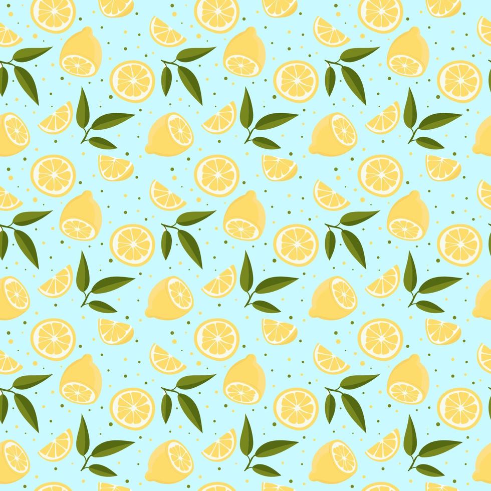 Vector seamless pattern with lemons and leaves. On a blue background