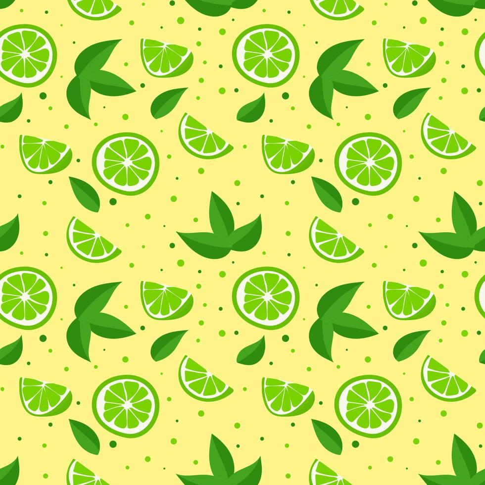 Lime with green leaves, a slice of citrus fruits on a yellow background. Seamless  tropical pattern vector