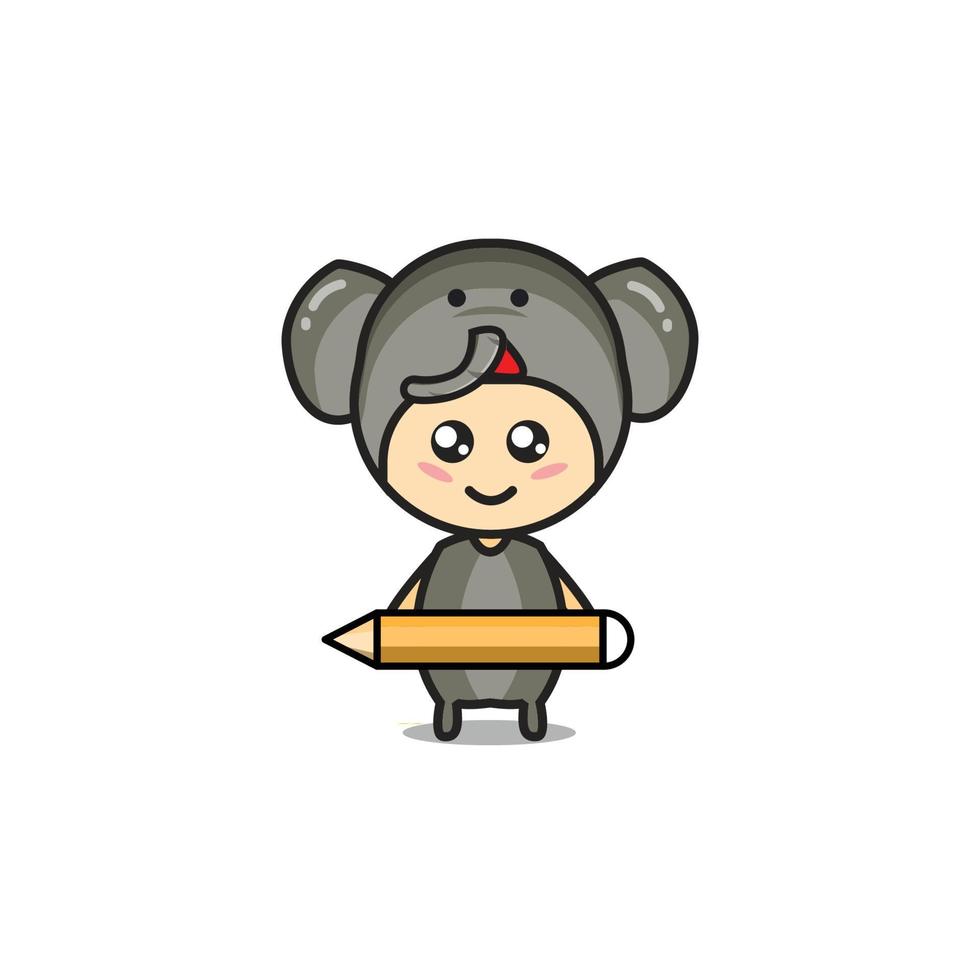 illustration of cute mascot elephant character who is smiling holding a pencil. vector