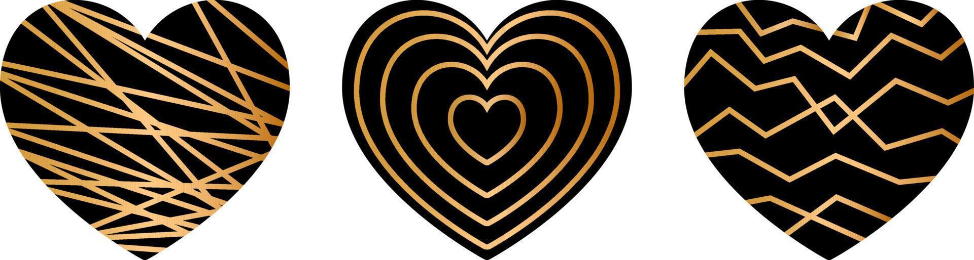 Set of vector black heart with golden geometric lines. Elegant border for wedding invitations and cards. Decoration for St. Valentine's Day