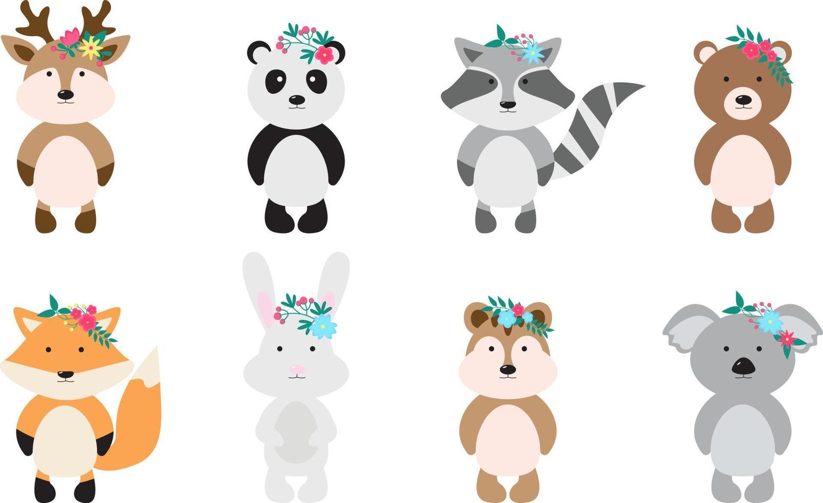 Cute animals with flower crown, vector illustration for kids room design, poster, birthday greeting card. Deer, panda, raccoon, bear, fox, hare, chipmunk, koala