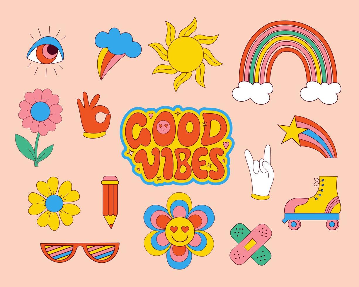 conjunto de elementos retro de los años 70, lindas pegatinas hippies funky y eslogan motivacional de letras de buenas vibraciones. vector mano drdawn psicodélico clipart. símbolos positivos de dibujos animados aislados.