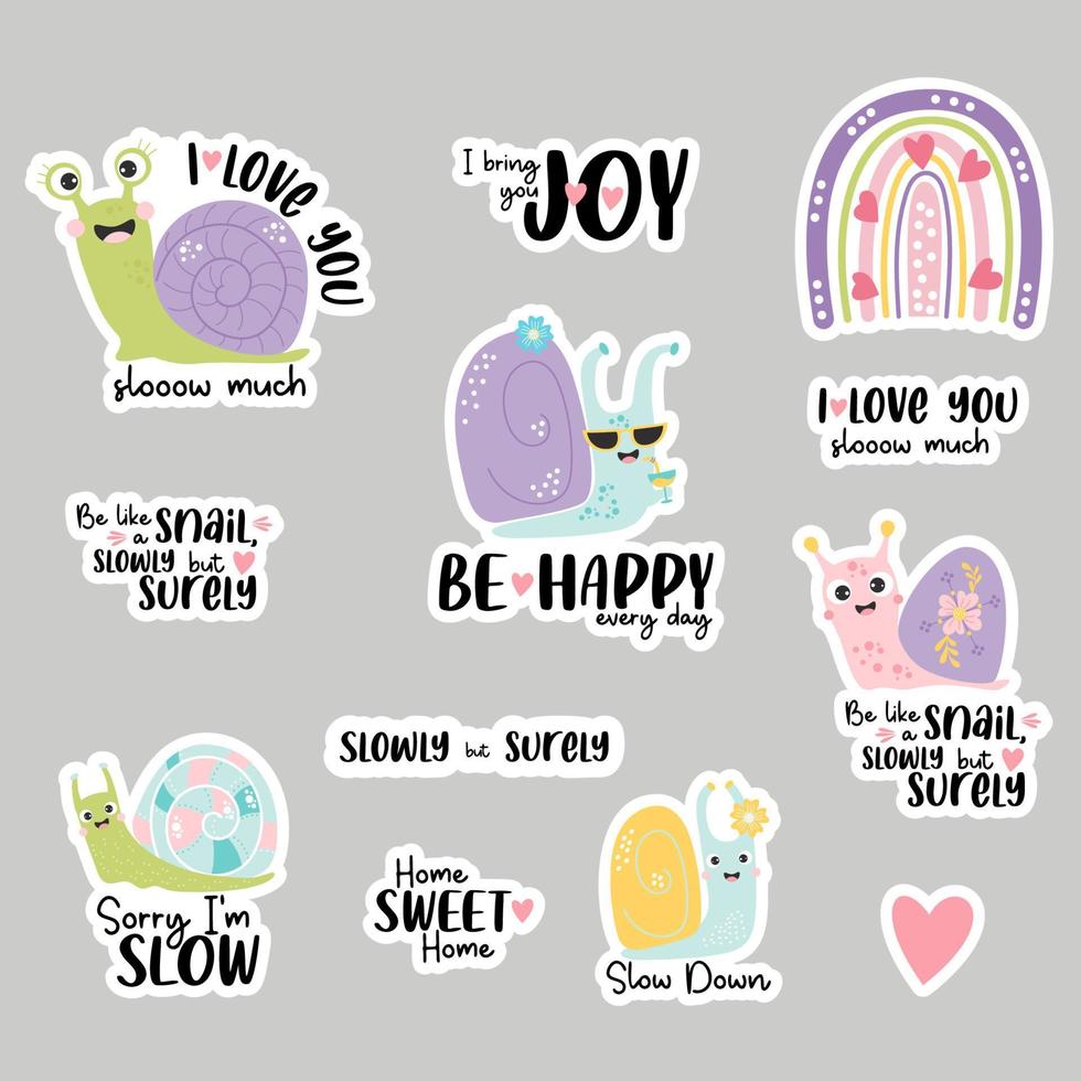 Set of stickers with cute snails, rainbow and funny phrases about love and slowness and insect molluscs. Vector illustration. Isolated elements for design, decor, printing and decoration.