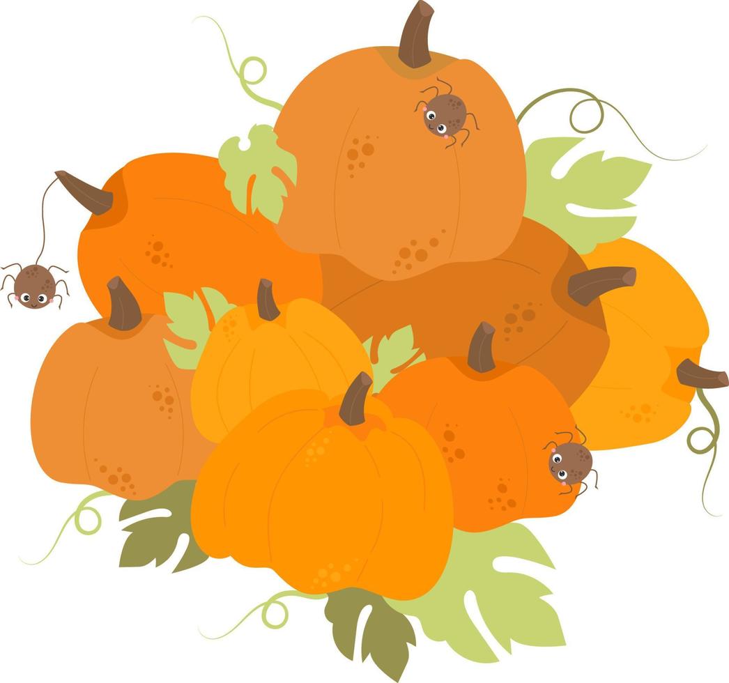 otoño con muchas calabazas naranjas y lindas arañas vector