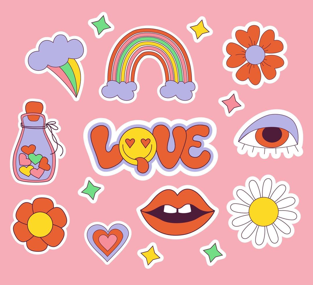 Set of love stickers retro groovy elements, cute funky hippy. Cute lettering Love in groovy style with in smile face, daisy flowers, rainbow and lips. Vector clipart 60s, 70s, 80s, 90s vibes element