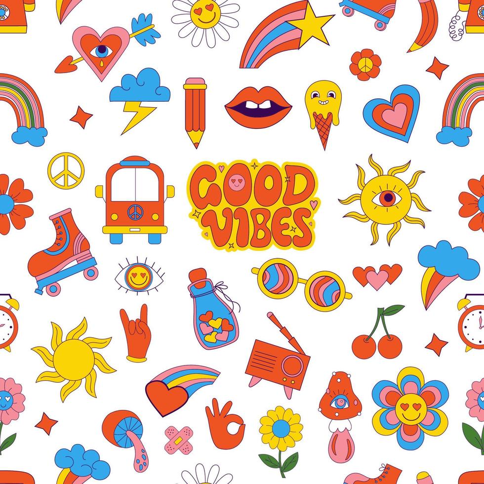 Retro Seamless vector pattern with vibes groovy elements. Nostalgia stickers things, radio commercials, bus, lettering Good vibes, cartoon funky flower power. Vector illustration.