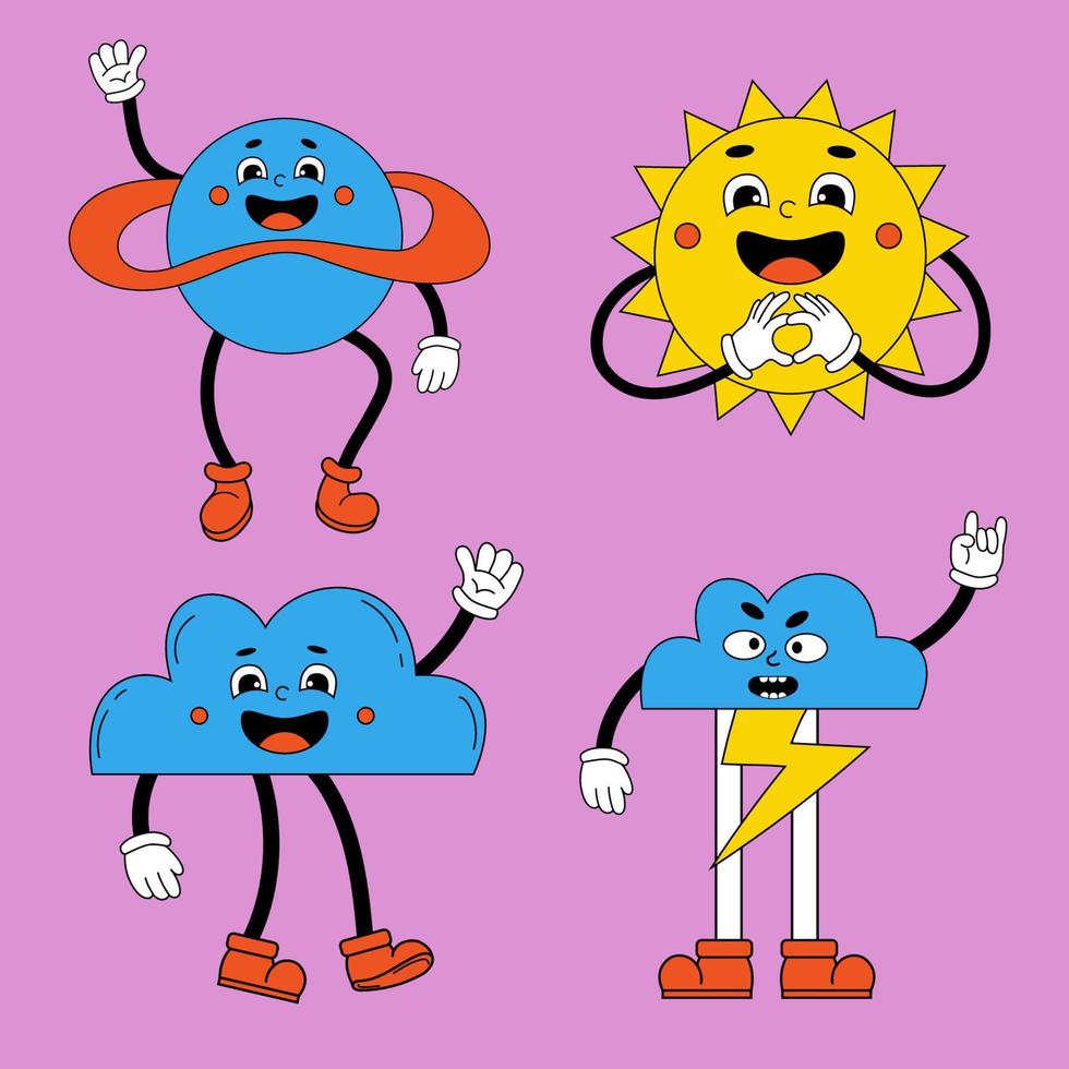 Set retro cartoon stickers with funny comic characters with funny faces, gloved hands and feet. Trendy retro groovy cartoon sun, lightning, cloud, earth. Vector illustration.