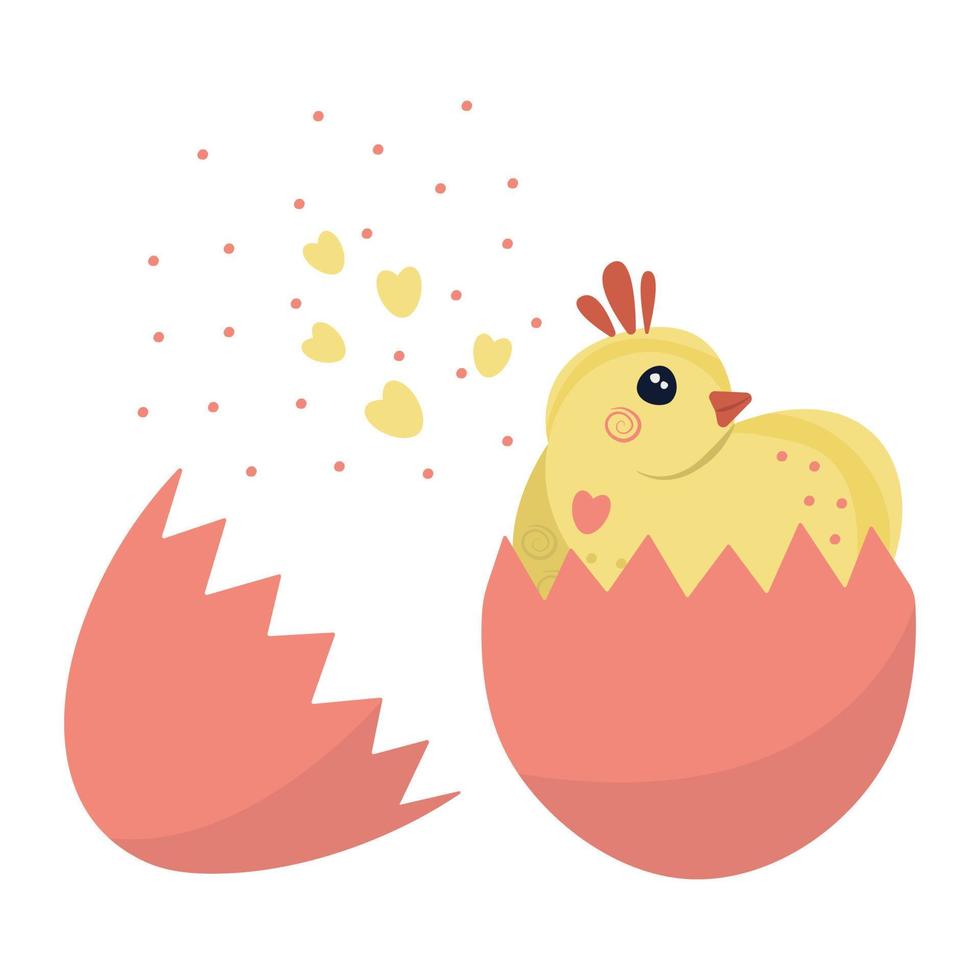 huevo de pascua roto con un pollito, ilustración vector