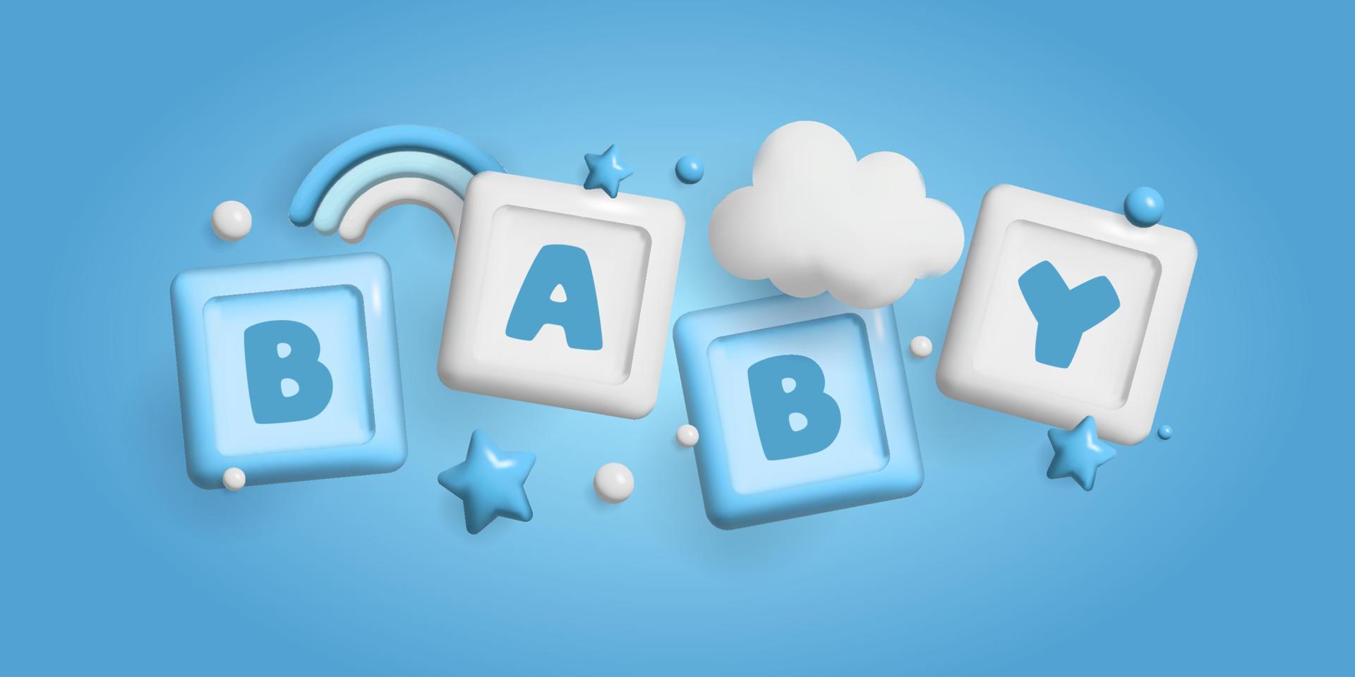 Baby shower 3d space. Banner poster on Baby shower in render style. Lettering baby. illustration in 3 d style. vector