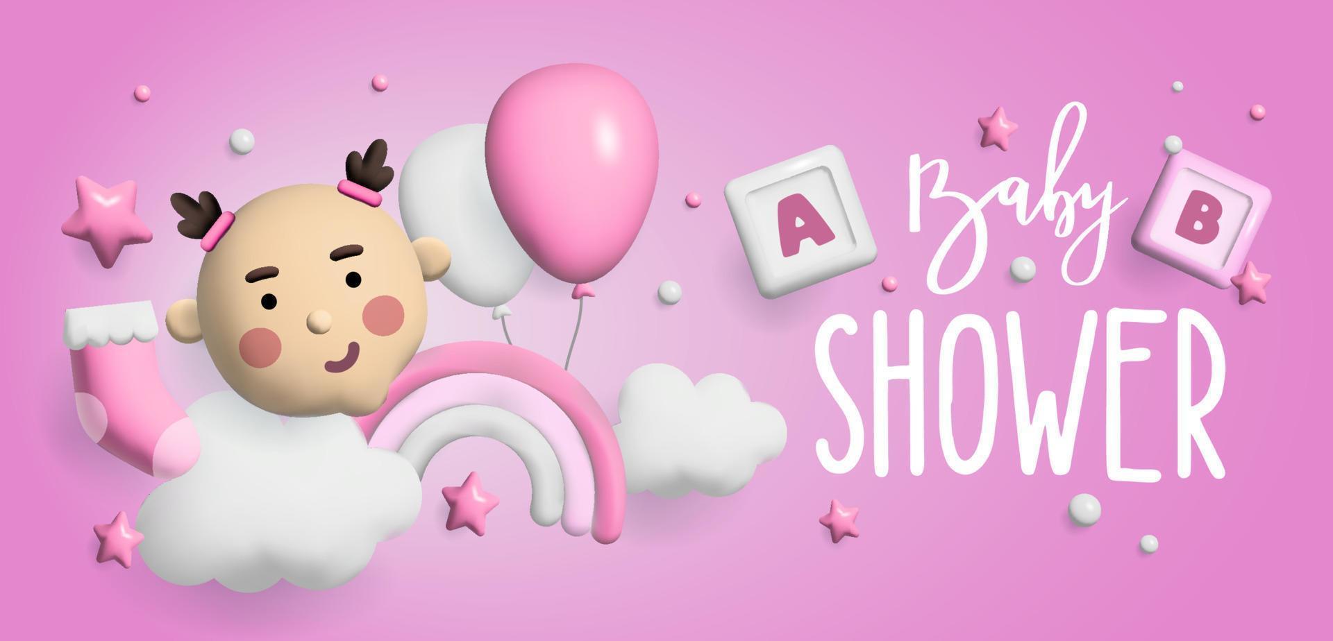 espacio 3d de la fiesta de bienvenida al bebé. cartel de banner en baby shower en estilo render. bebé de letras. ilustración en estilo 3 d. vector