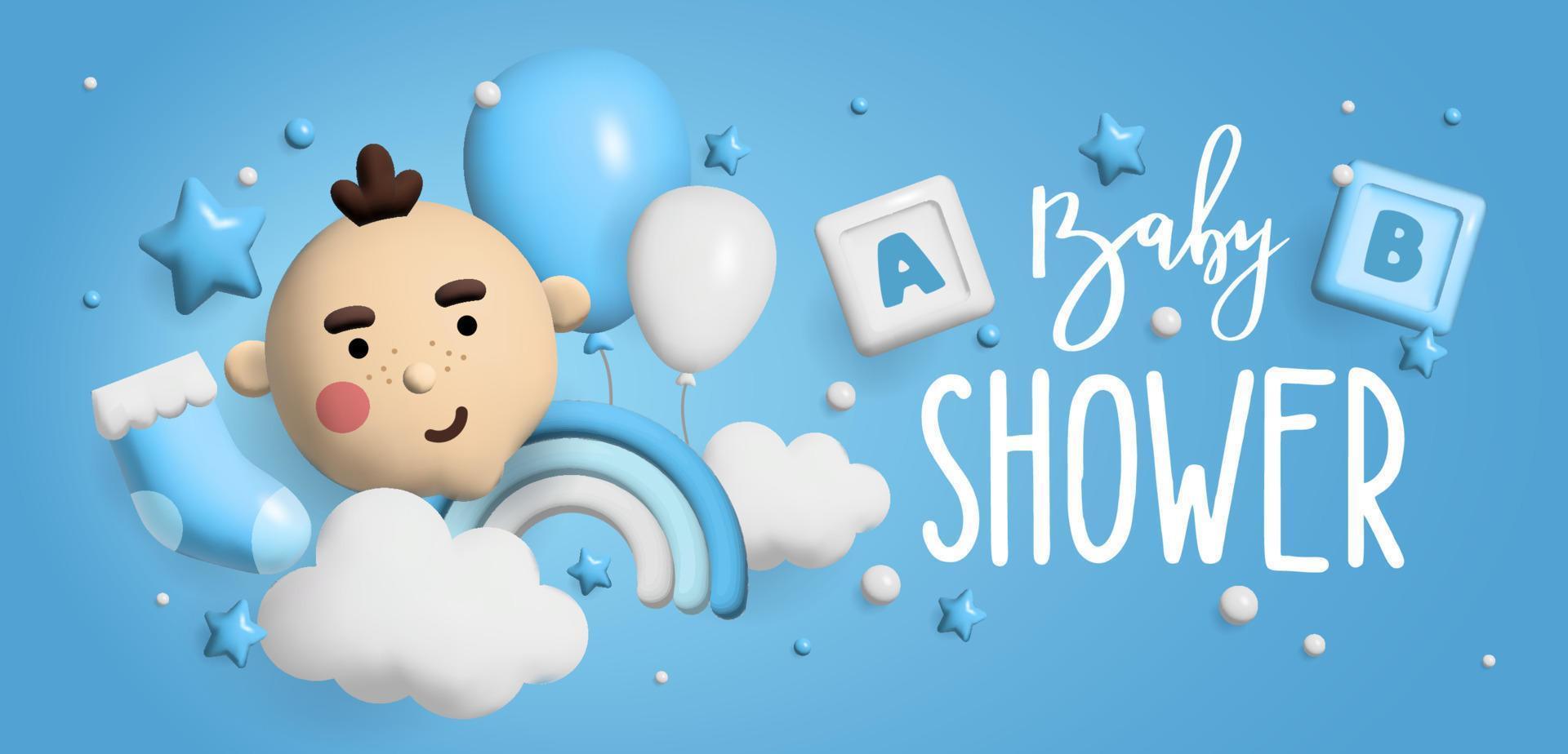 Baby shower 3d space. Banner poster on Baby shower in render style. Lettering it's a boy. Vector  in 3 d style.