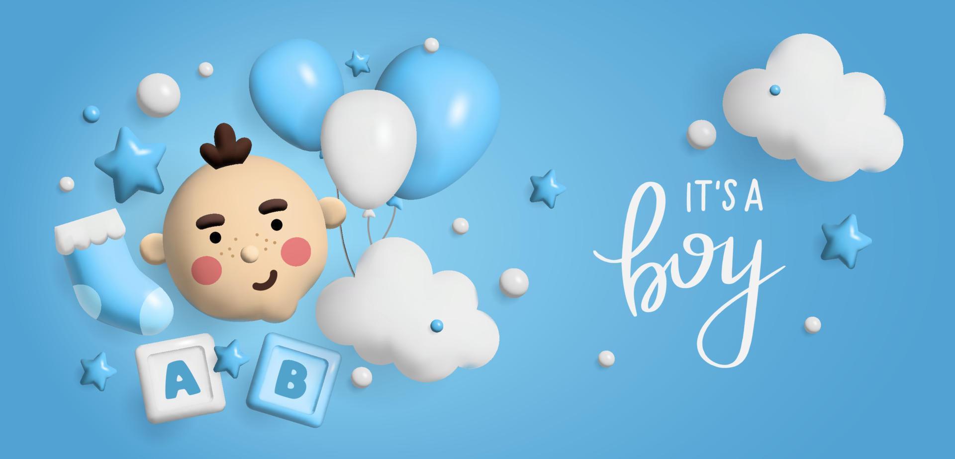 espacio 3d de la fiesta de bienvenida al bebé. cartel de banner en baby shower en estilo render. letras es un niño. vector en estilo 3 d.