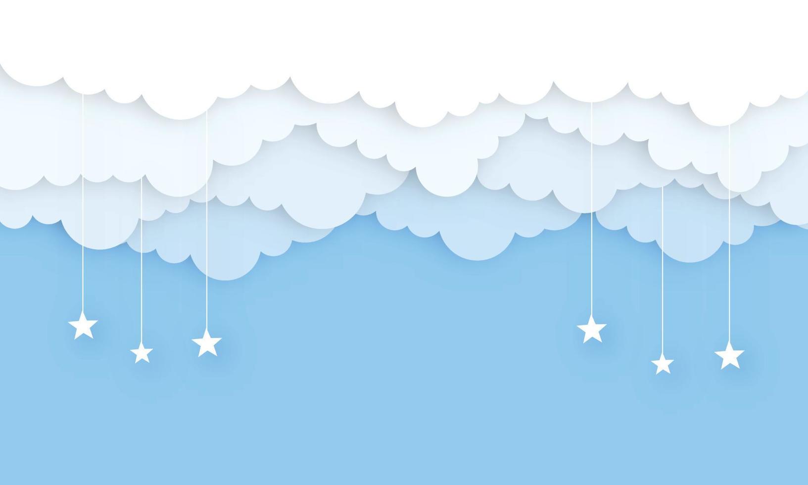 Blue sky and clouds in paper cut style with star  Design for backdrop, poster, banner, template, wallpaper, advertising. Vector illustration.