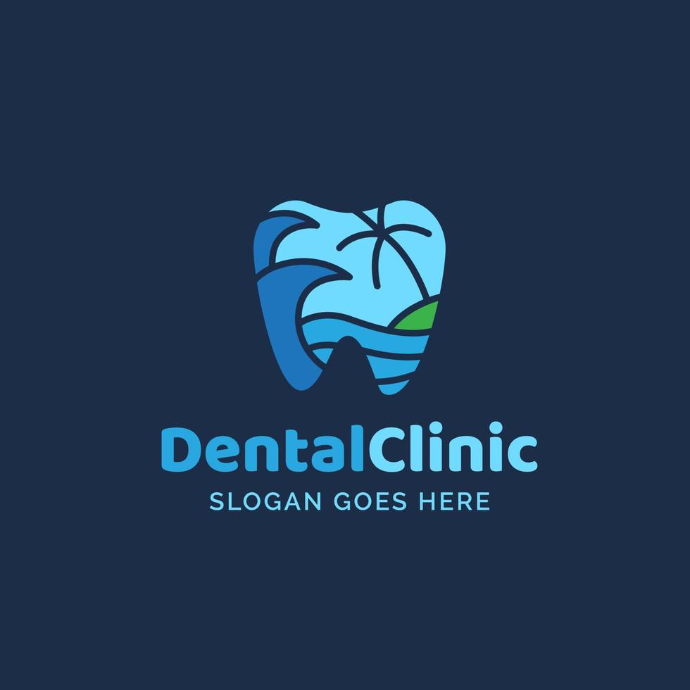 diseño de logotipo de odontología clínica dental con dientes azules e ilustración de playa vector