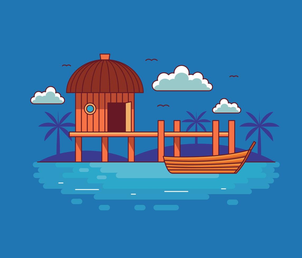 Traditional beach house with boat from wood illustration vector design