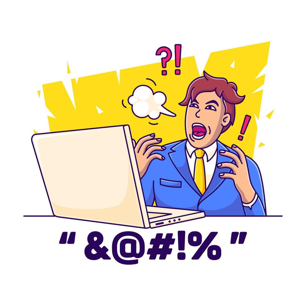 angry worker in front of laptop vector illustration. cartoon man annoyed with his job