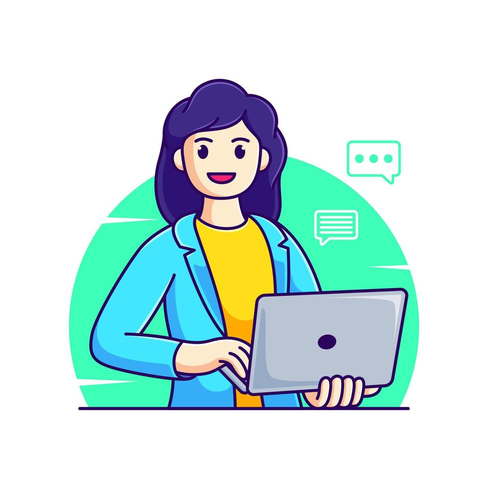 woman with laptop at work vector illustration. cartoon worker sending a message