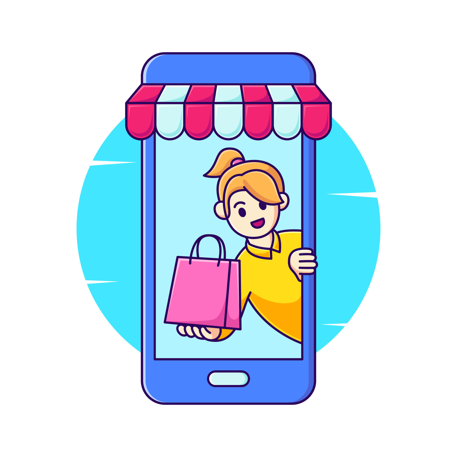 woman carrying shopping bags on mobile phone vector illustration ...