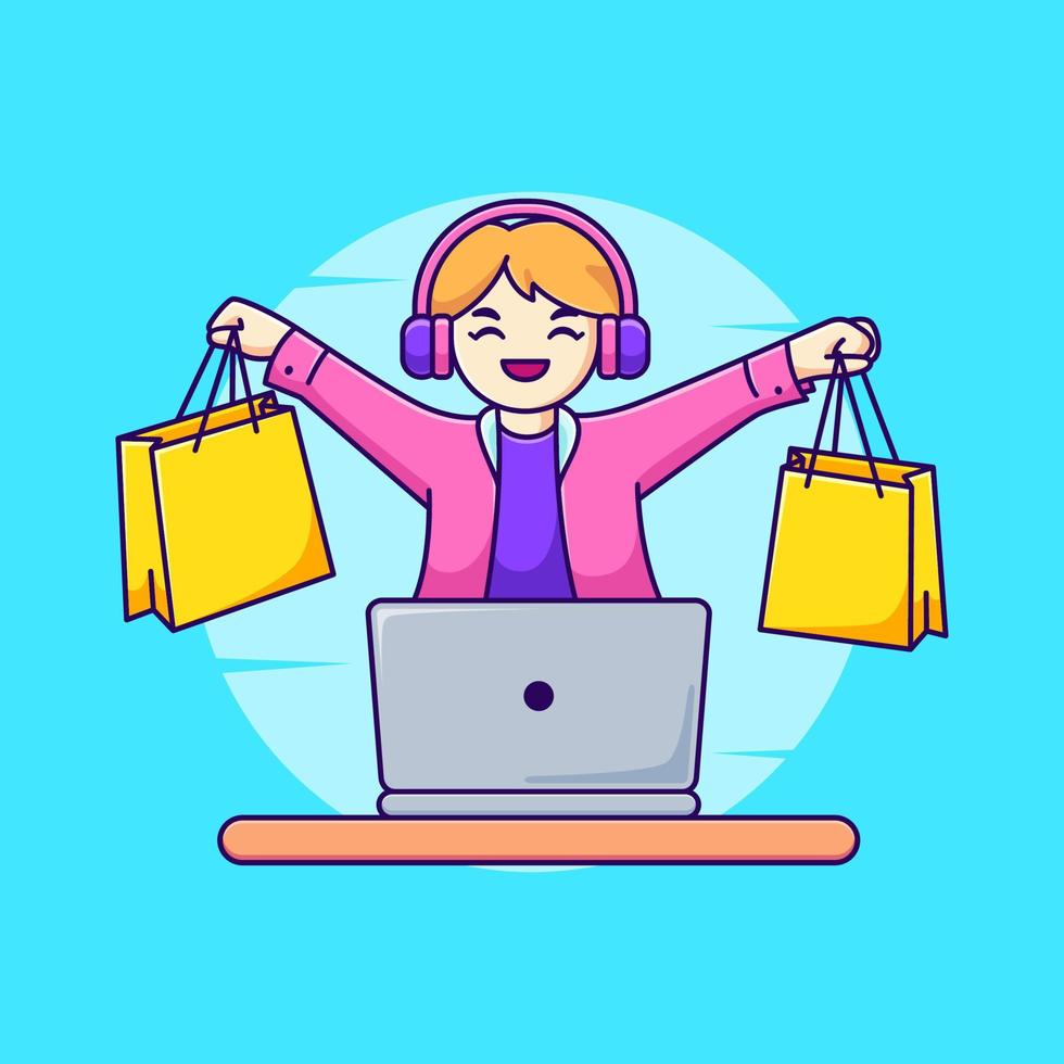 mujer que lleva una bolsa de compras frente a la ilustración del vector de la computadora portátil. caricatura, mujer, compra, en, tienda en línea