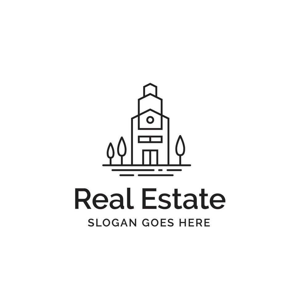 Modern building house with trees line art real estate logo design vector